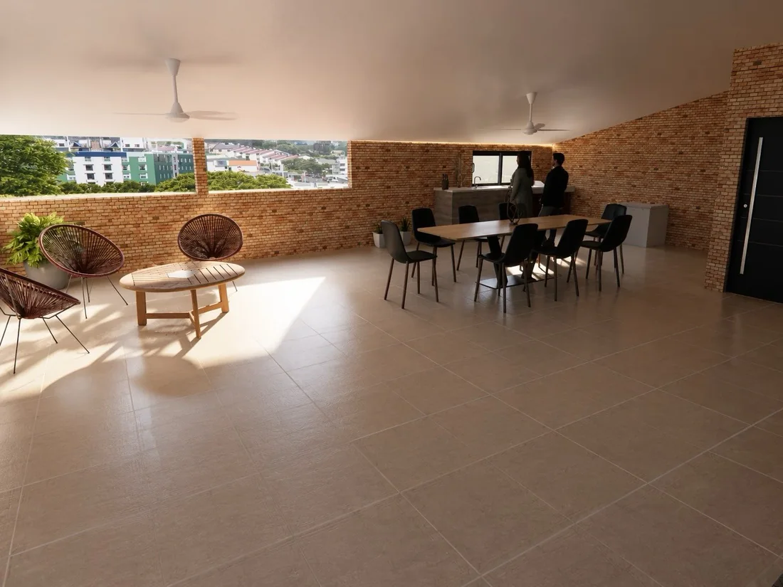 Comedor con pared de ladrillo visto