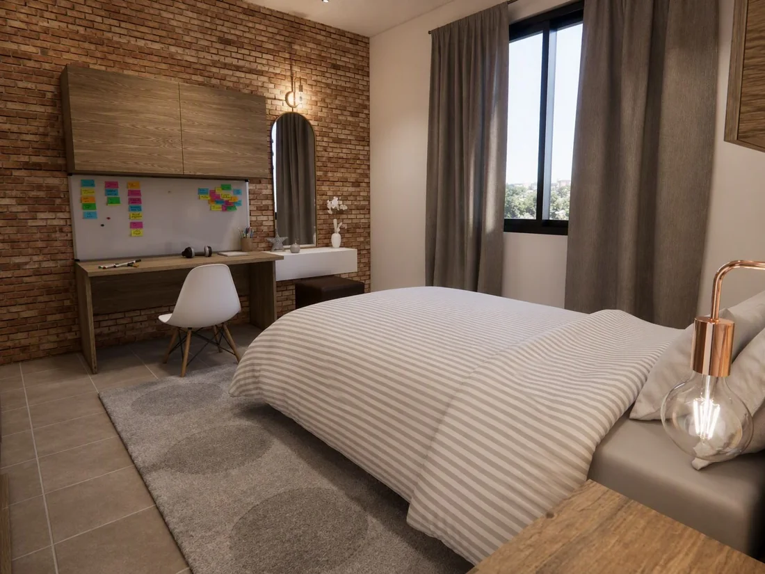 Dormitorio con panel de madera