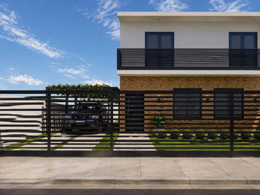 Vivienda de dos plantas con portón de listones