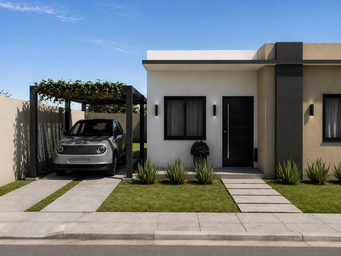 Vivienda de una planta con pérgola y cochera