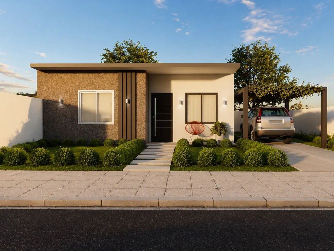 Vivienda de una planta con frente en ladrillo